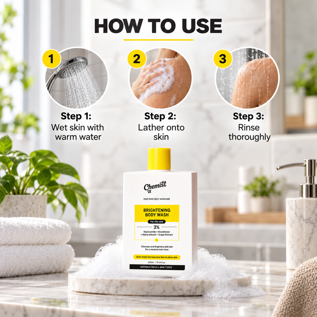 Brightening Body Wash with Vitamin C, Niacinamide, Alpha Arbutin, Glycolic Acid and Camu Camu, Daily Body Cleanser for Fresh, Smoother-Looking Skin, 5 fl oz (150 mL)
