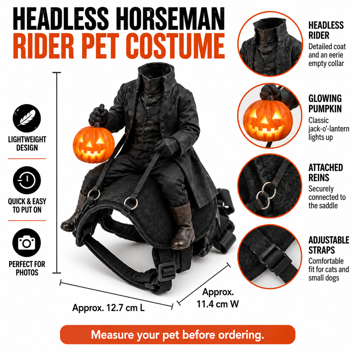 Headless Horseman Halloween Pet Costume with Adjustable Harness, Reins and Light-Up Pumpkin Accessory, Black Rider Costume for Cats and Small Dogs