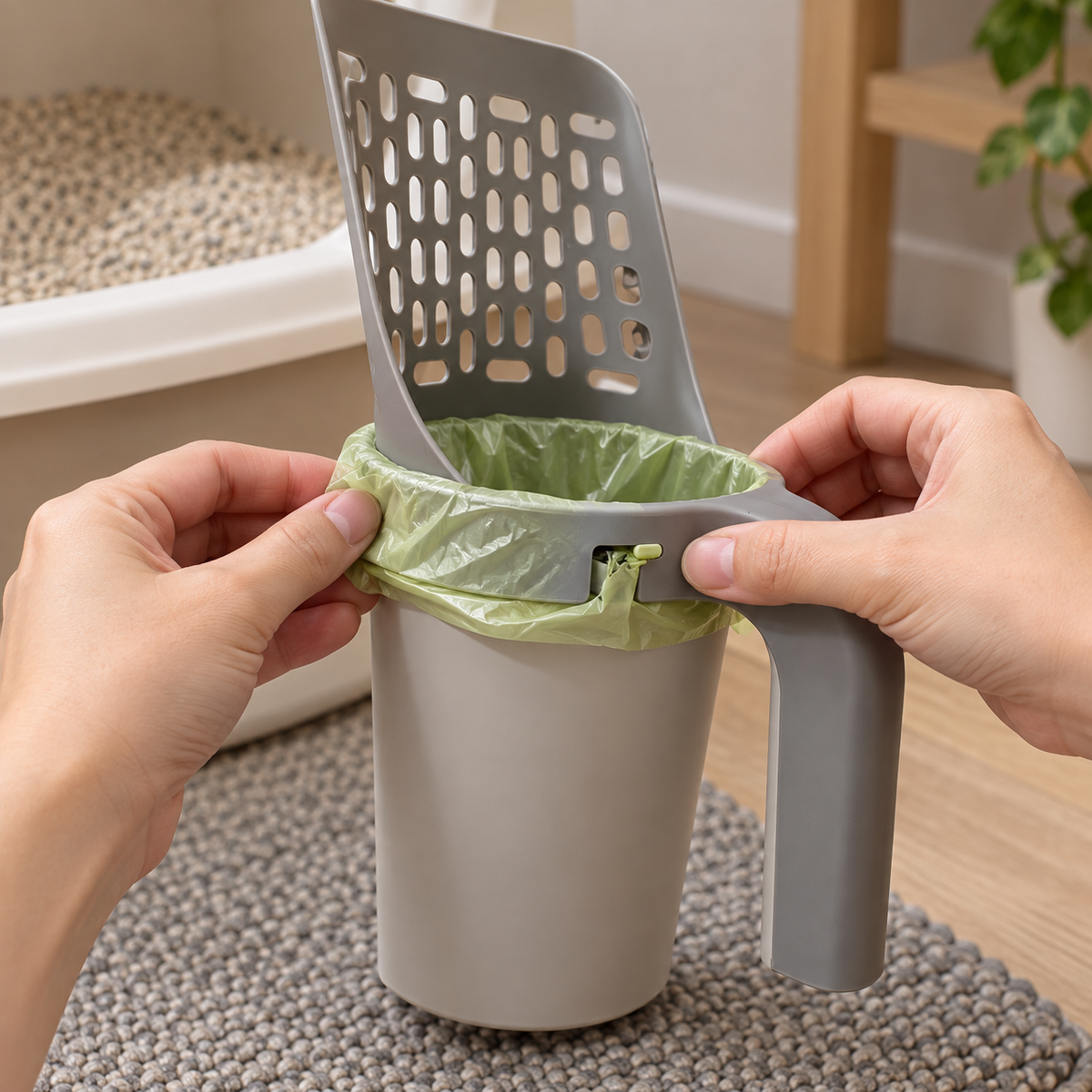 All-in-One Cat Litter Scoop with Built-In Waste Cup – Sifting Scooper with Bag-Liner Holder and Easy-Grip Handle