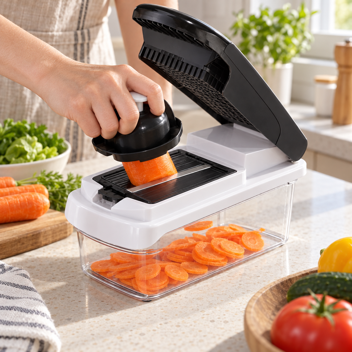 Multi-Function Manual Vegetable Chopper with Clear Container and Bonus Accessory Set – Interchangeable Dicing, Slicing and Shredding Inserts