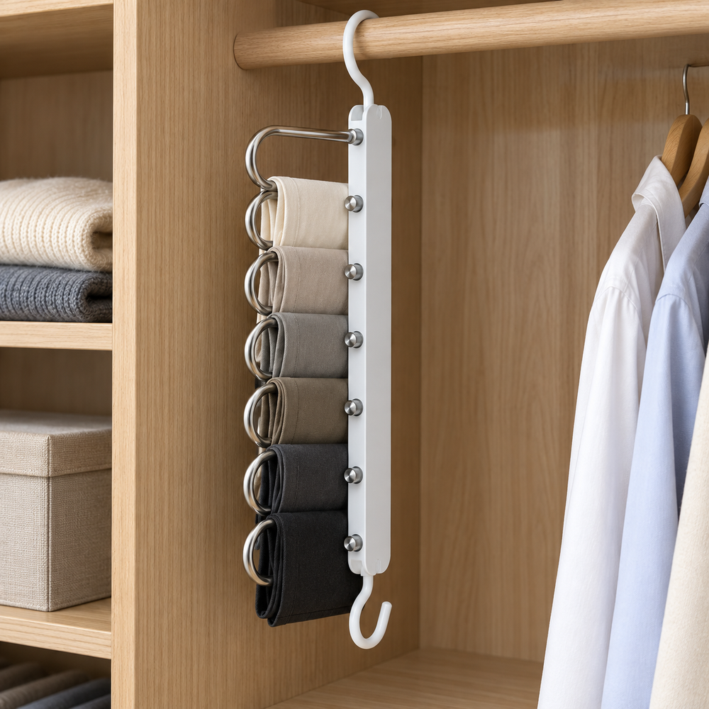 6-Tier Swing-Arm Pants Hanger with Dual Hooks – Space-Saving Closet Organizer for Trousers, Scarves, Ties and Towels
