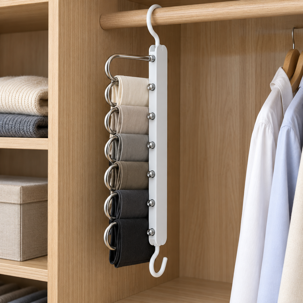 6-Tier Swing-Arm Pants Hanger with Dual Hooks – Space-Saving Closet Organizer for Trousers, Scarves, Ties and Towels