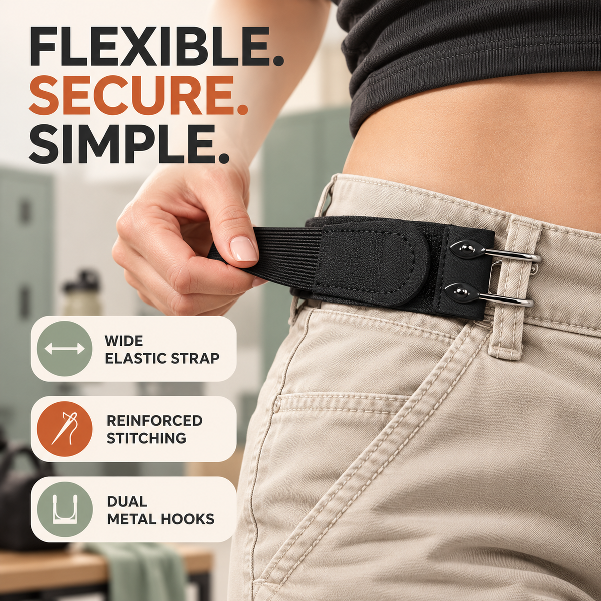 Buckle-Free Elastic Waist Belt for Women – Adjustable Dual Metal Hook Pants Tightener for Jeans & Trousers