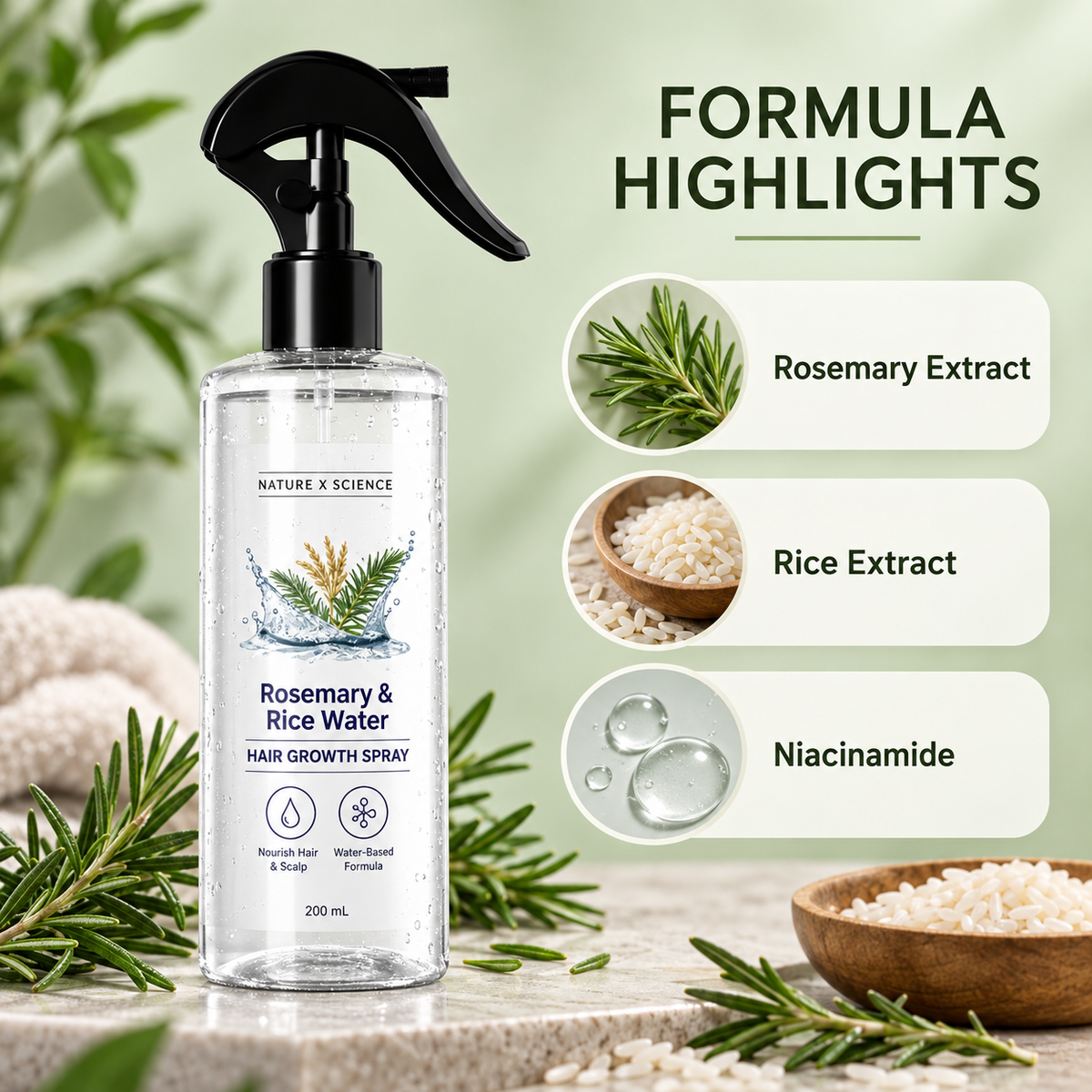 Rosemary & Rice Water Scalp Spray, Water-Based Hair Care Mist with Rosemary and Rice Extracts, Trigger Spray Bottle, 200 mL