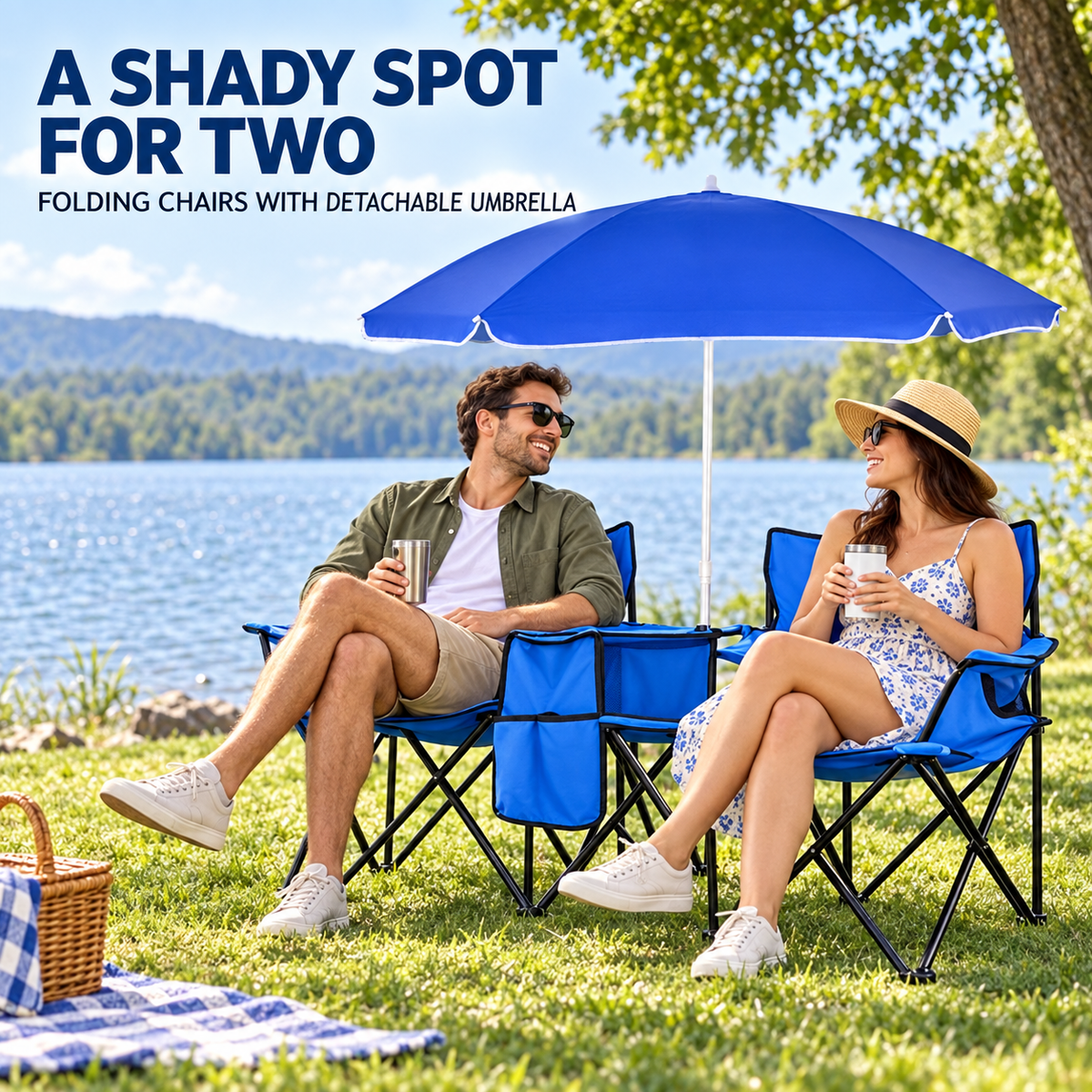 Two-Seat Folding Outdoor Chair Set with Detachable Umbrella