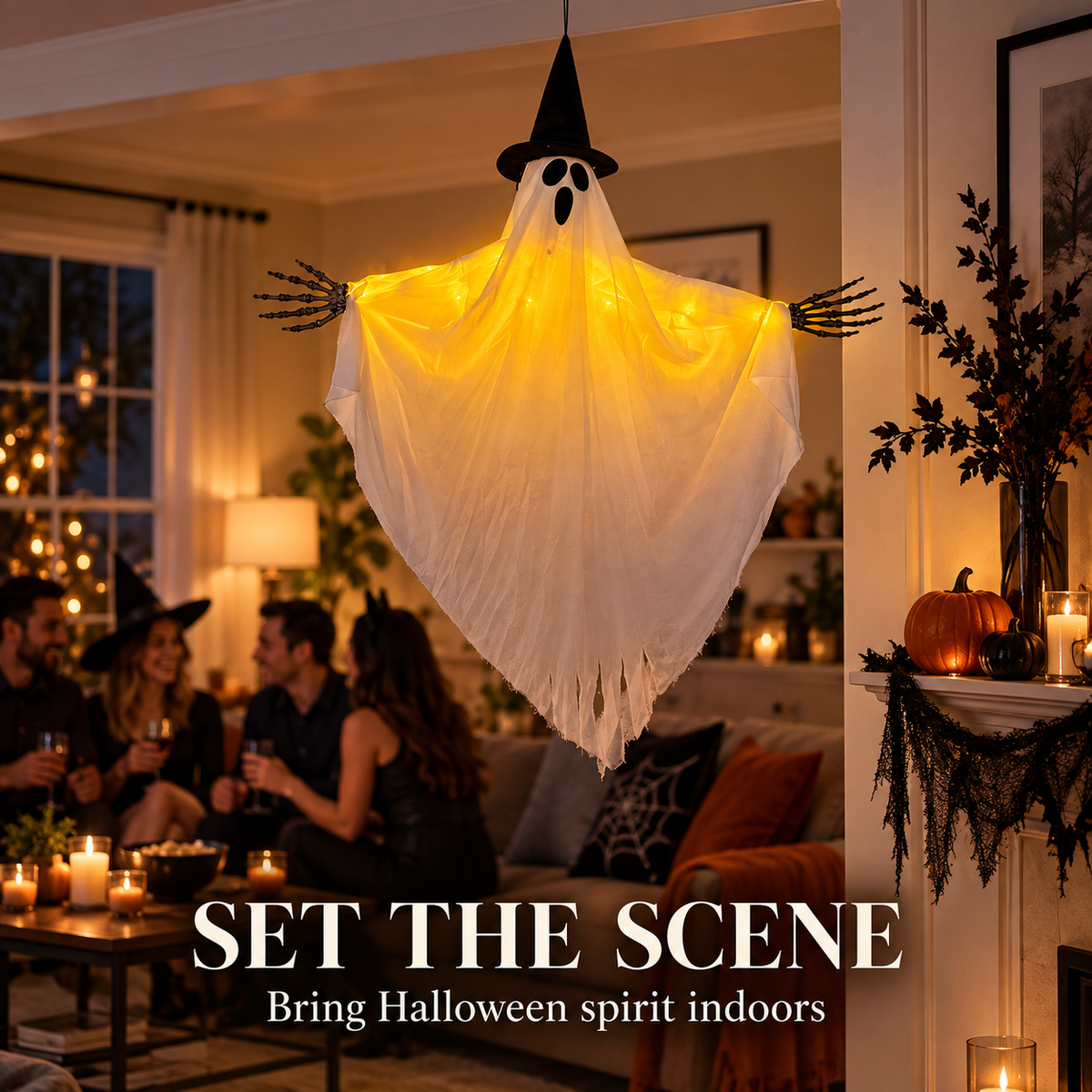 Light-Up Hanging Ghost Halloween Decoration with Witch Hat and Skeleton Hands, Glowing Ghost for Porch, Entryway, Window and Halloween Party Decor