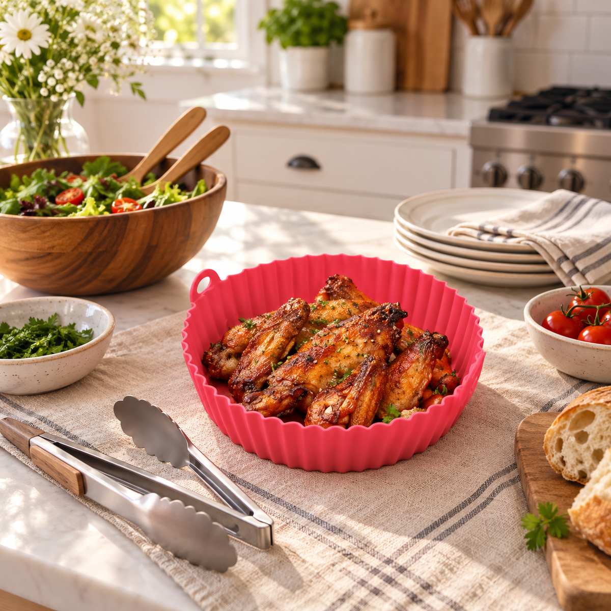 Reusable Silicone Air Fryer Liners, Food-Grade Air Fryer Basket Inserts with Raised Drainage Ribs, Heat-Resistant Nonstick Cooking Pots, Easy-Clean Accessories for Roasting, Baking and Reheating