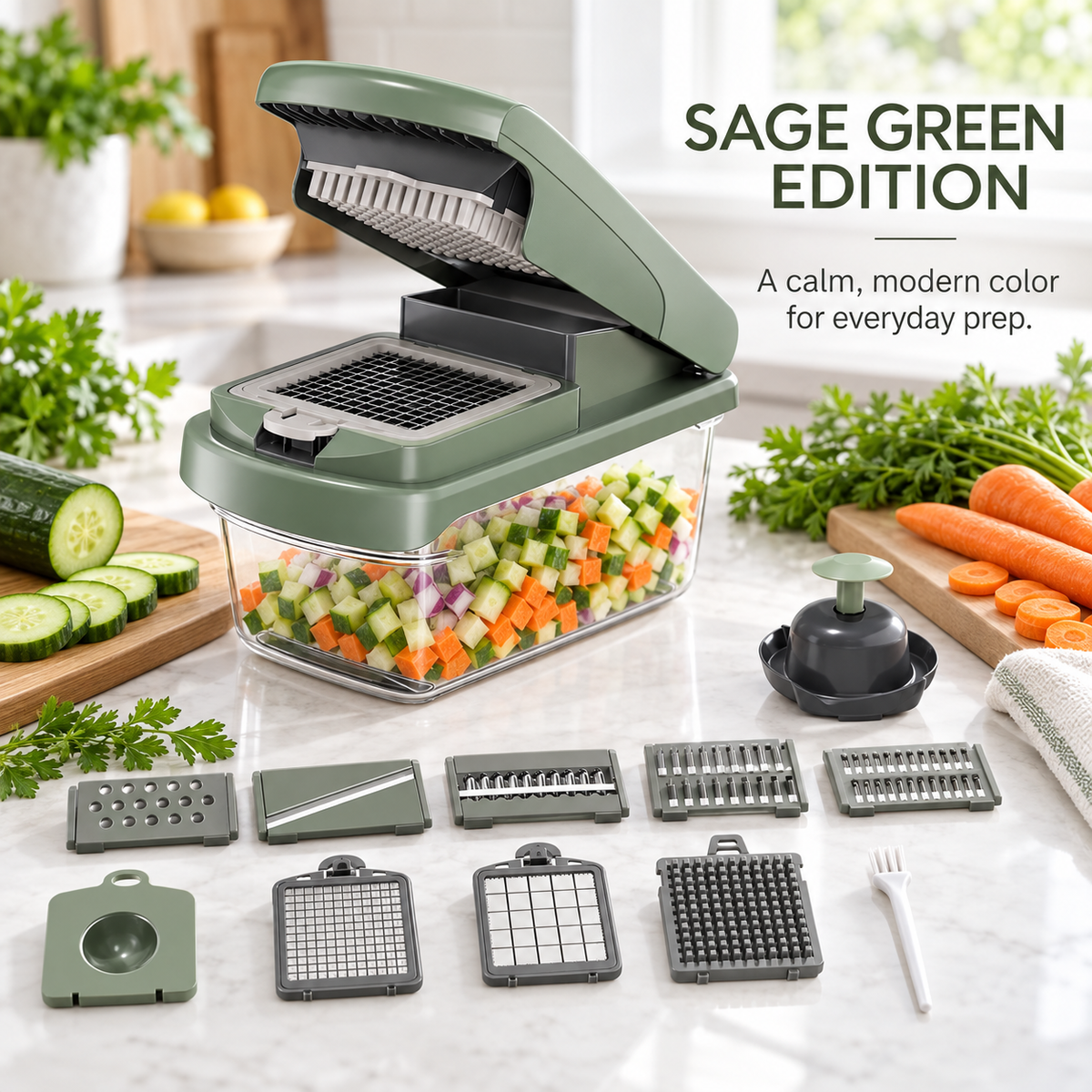 Multifunctional Vegetable Chopper, Manual Food Slicer and Dicer with Interchangeable Blades, Julienne Shredder, Grater, Hand Guard and Clear Catch Container for Kitchen Meal Prep, White, Black or Sage Green