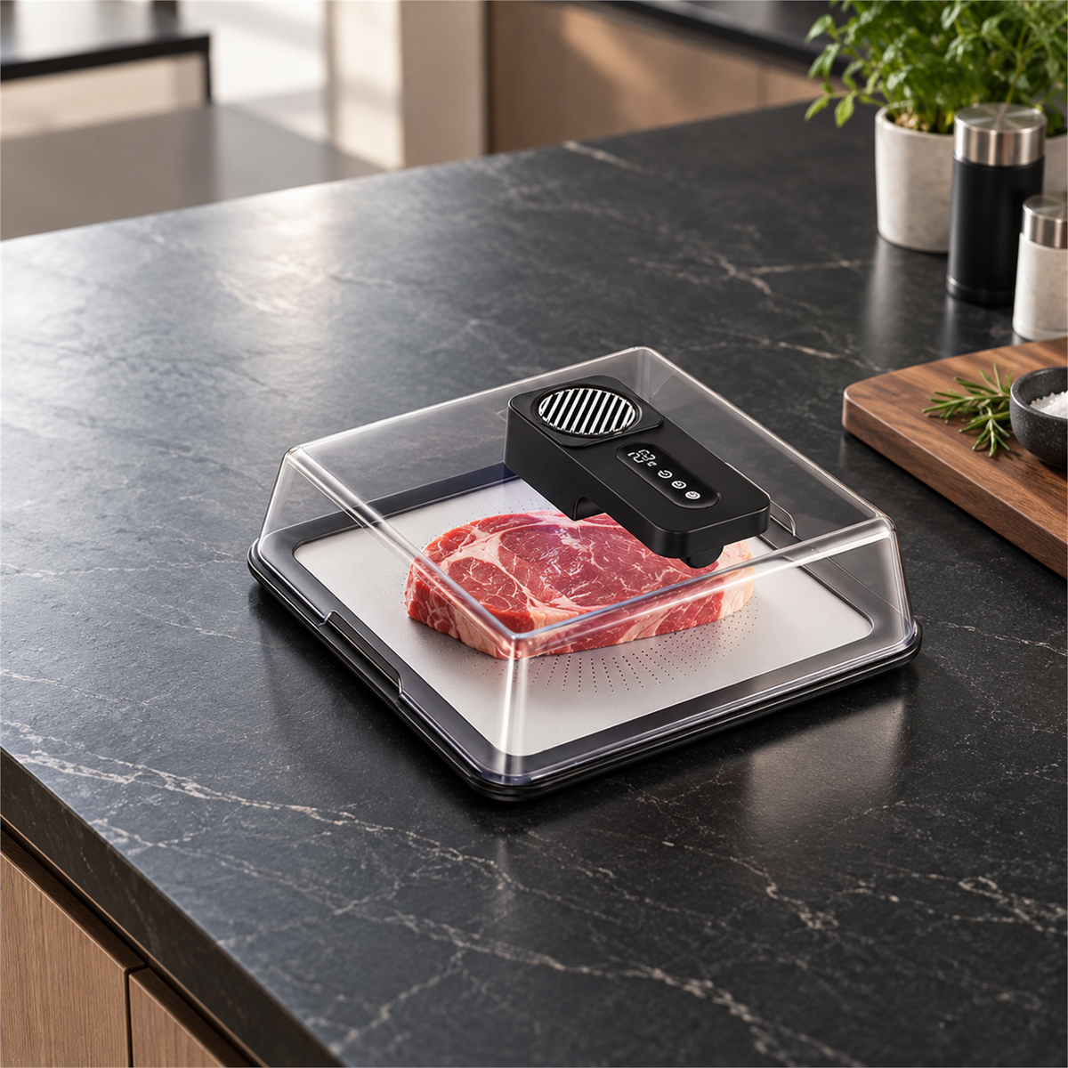 Electric Countertop Food Defrosting Box with Clear Cover and Metal Drain Tray