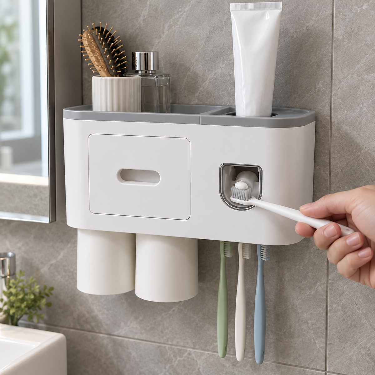 Wall-Mounted Bathroom Toothbrush Holder with Toothpaste Dispenser, 2 Rinse Cups, Storage Compartment and Top Shelf – No-Drill Bathroom Organizer