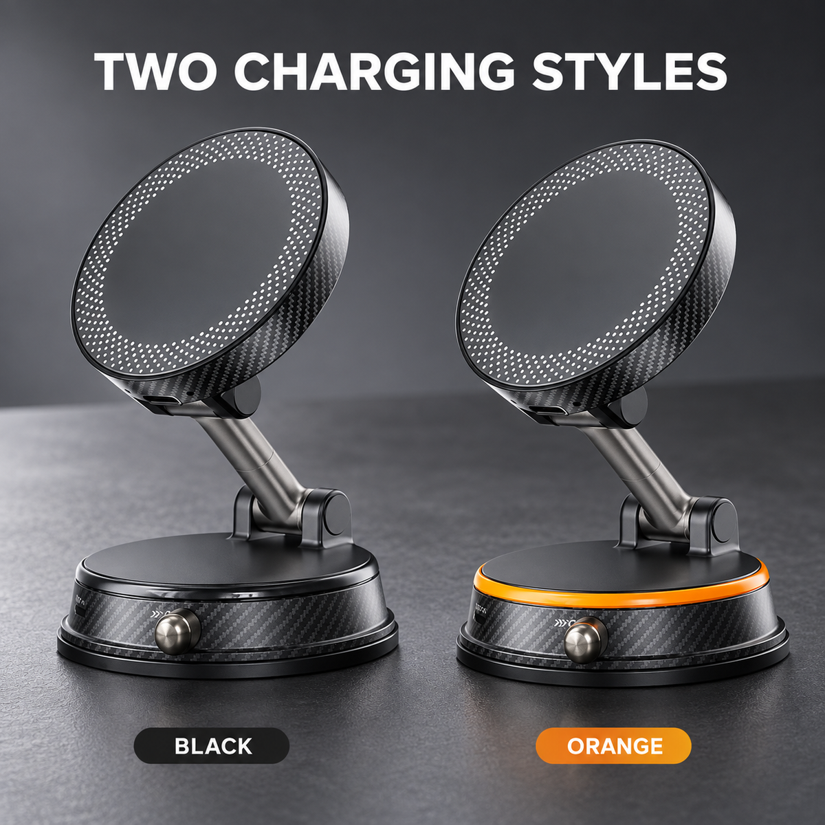 Magnetic Car Phone Mount with Adjustable Arm and Locking Suction Base — Black / Orange / Iron Gray