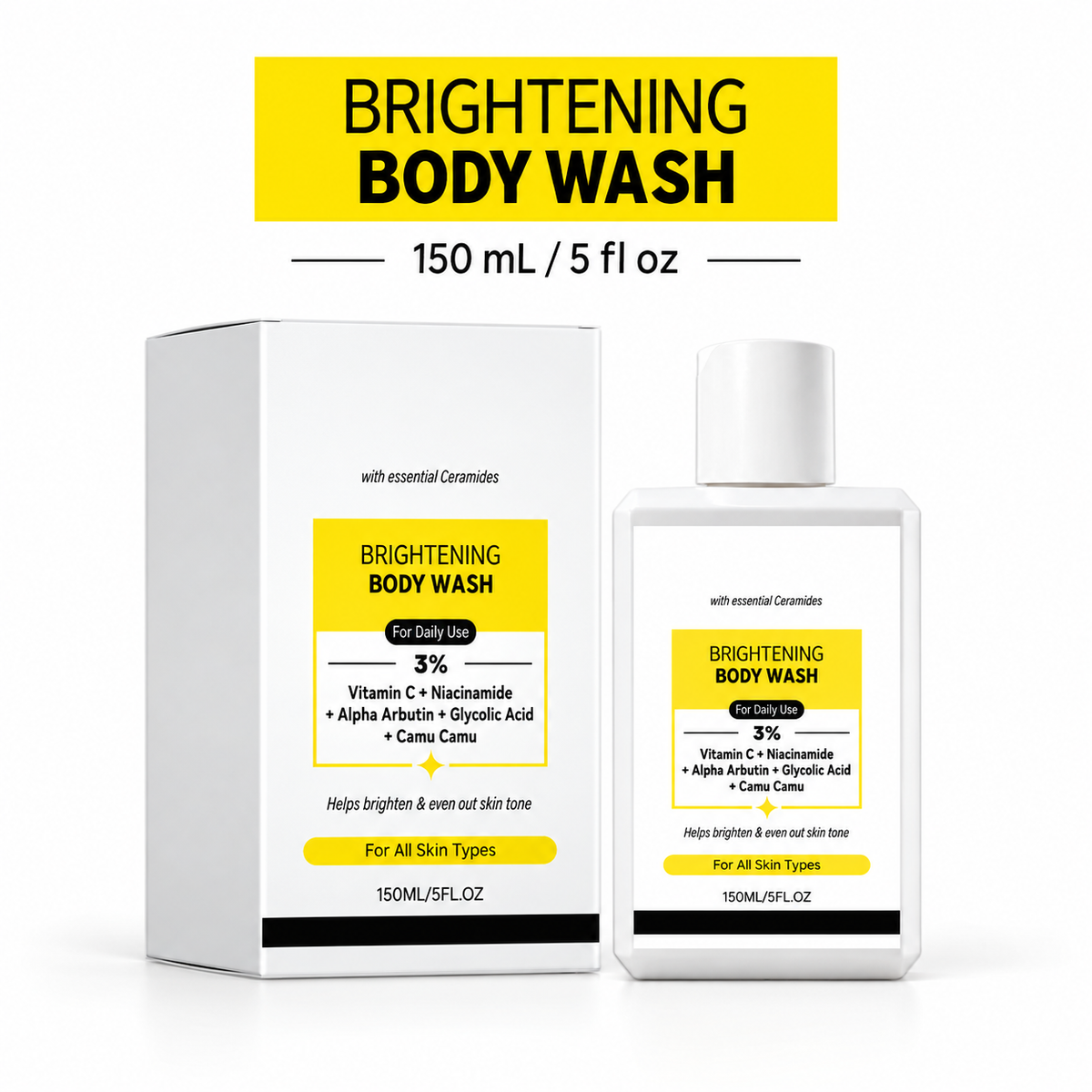 Brightening Body Wash with Vitamin C, Niacinamide, Alpha Arbutin, Glycolic Acid and Camu Camu, Daily Body Cleanser for Fresh, Smoother-Looking Skin, 5 fl oz (150 mL)