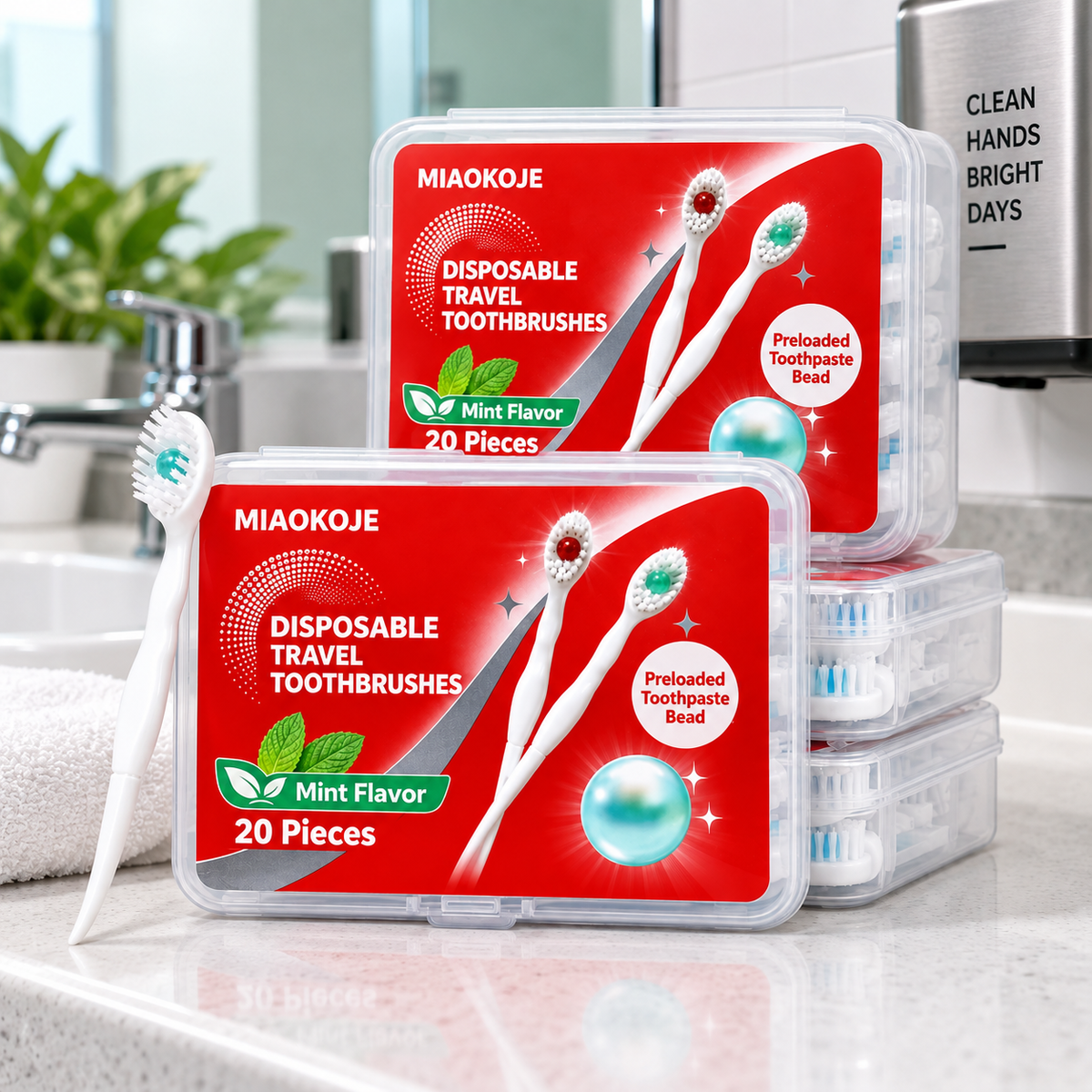 MIAOKOJE Disposable Travel Toothbrushes with Preloaded Mint Toothpaste Beads, Mini Portable Toothbrush Set, 20 Pieces with Clear Case for Travel, Office, Gym and Camping