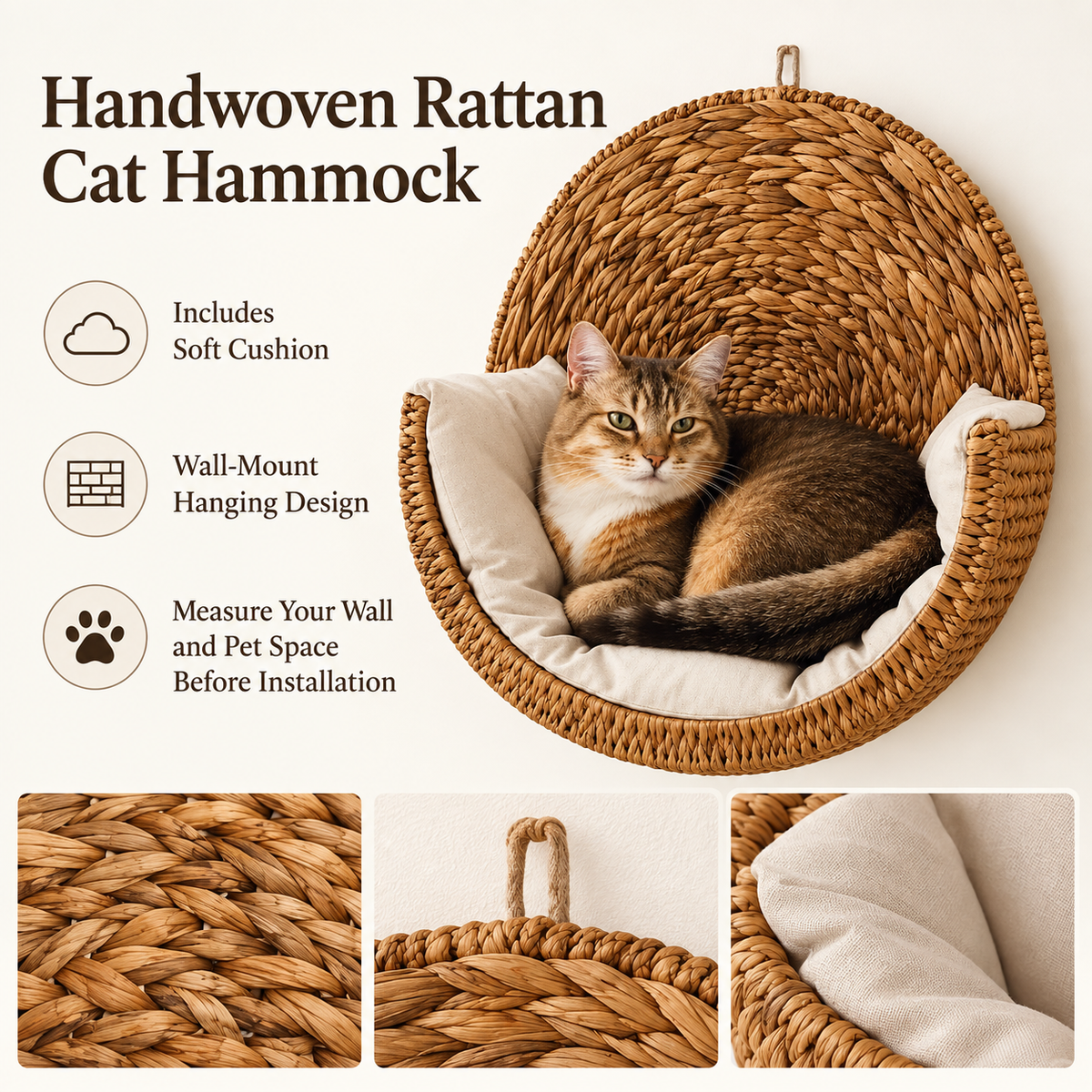 Handwoven Wall-Mounted Cat Bed with Soft Cushion, Breathable Woven Cat Hammock Perch, Space-Saving Hanging Cat Rest for Indoor Cats