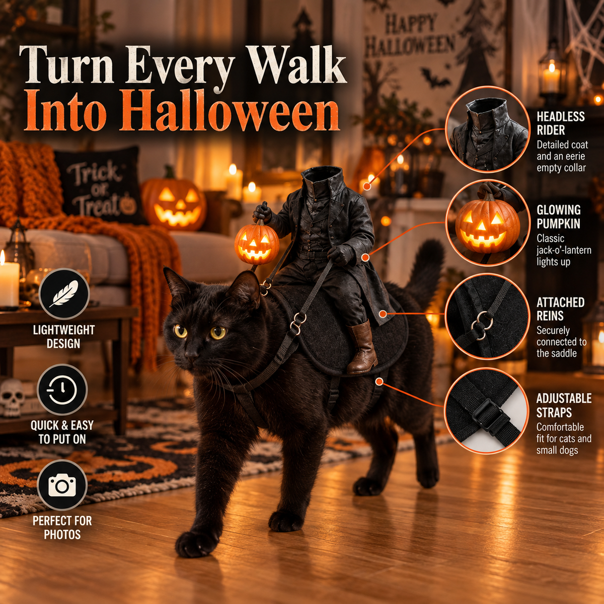 Headless Horseman Halloween Pet Costume with Adjustable Harness, Reins and Light-Up Pumpkin Accessory, Black Rider Costume for Cats and Small Dogs