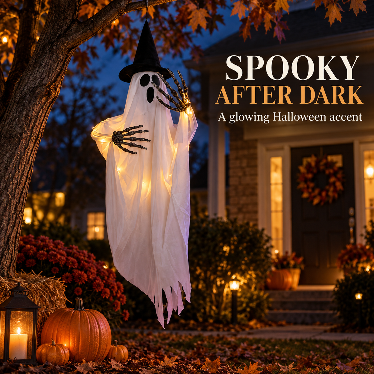 Light-Up Hanging Ghost Halloween Decoration with Witch Hat and Skeleton Hands, Glowing Ghost for Porch, Entryway, Window and Halloween Party Decor