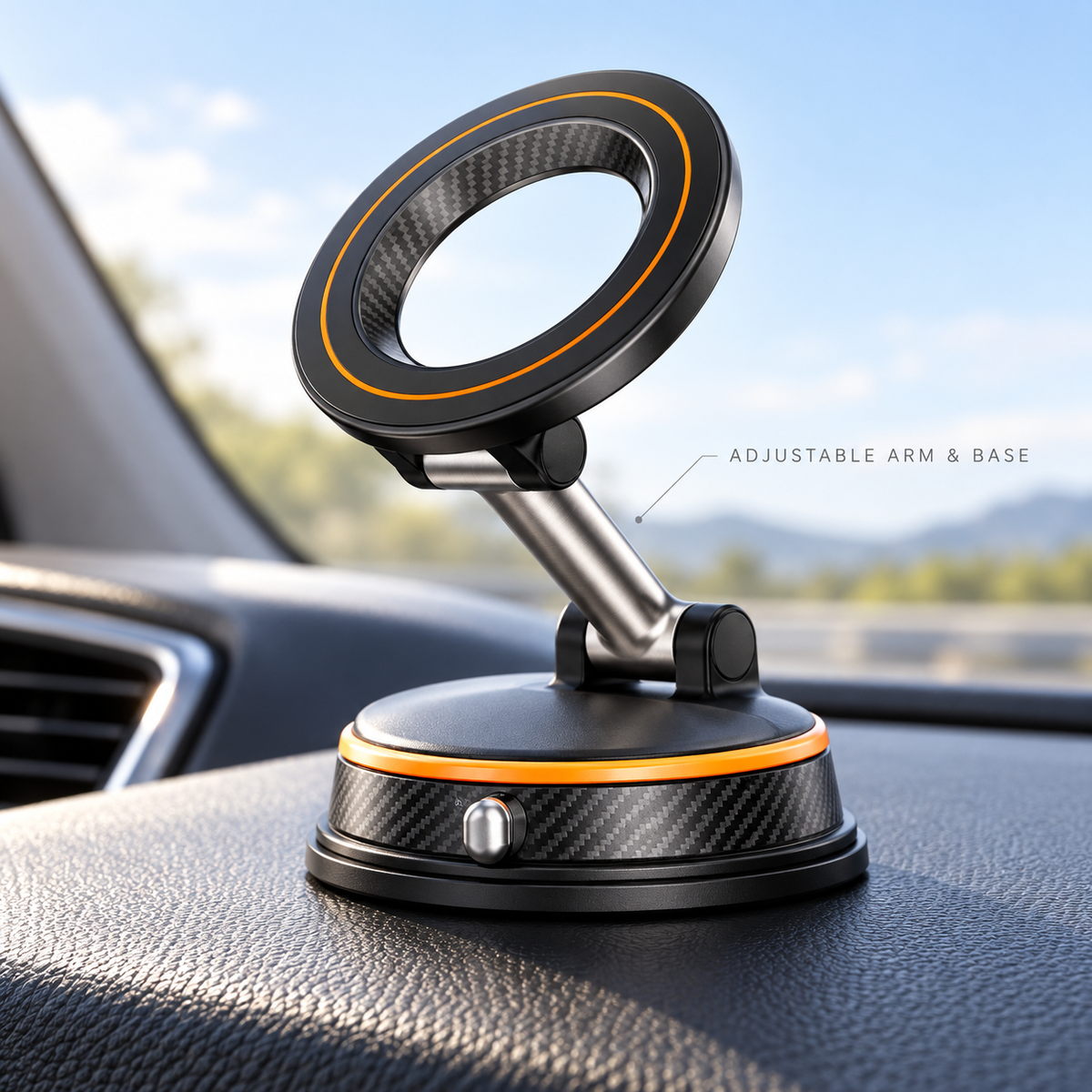 Magnetic Car Phone Mount with Adjustable Arm and Locking Suction Base — Black / Orange / Iron Gray