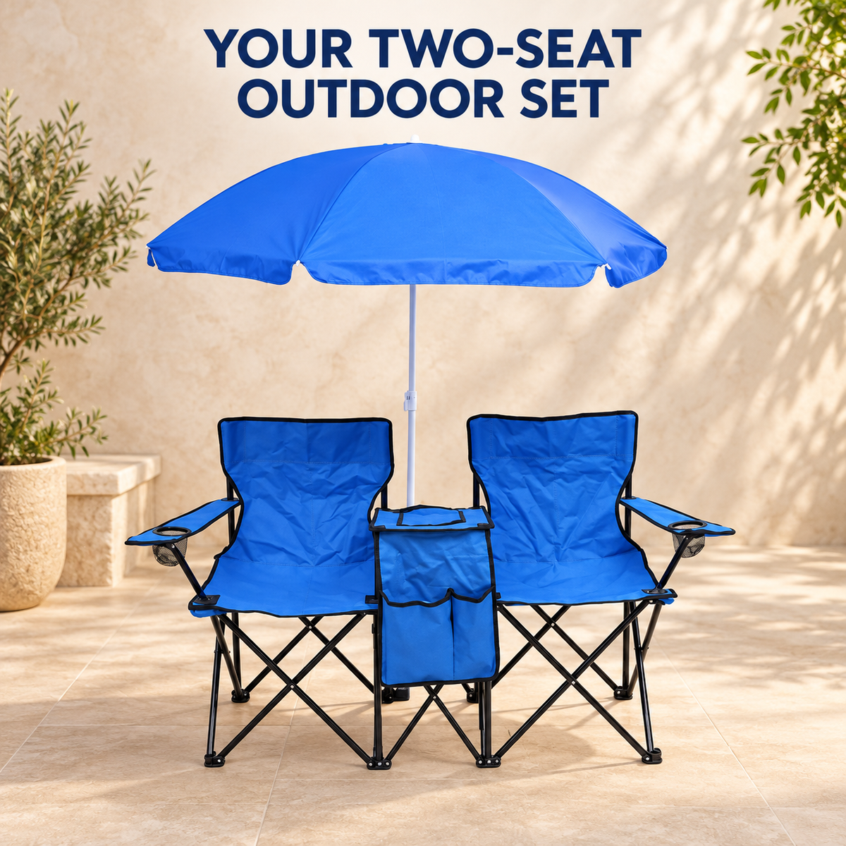 Two-Seat Folding Outdoor Chair Set with Detachable Umbrella