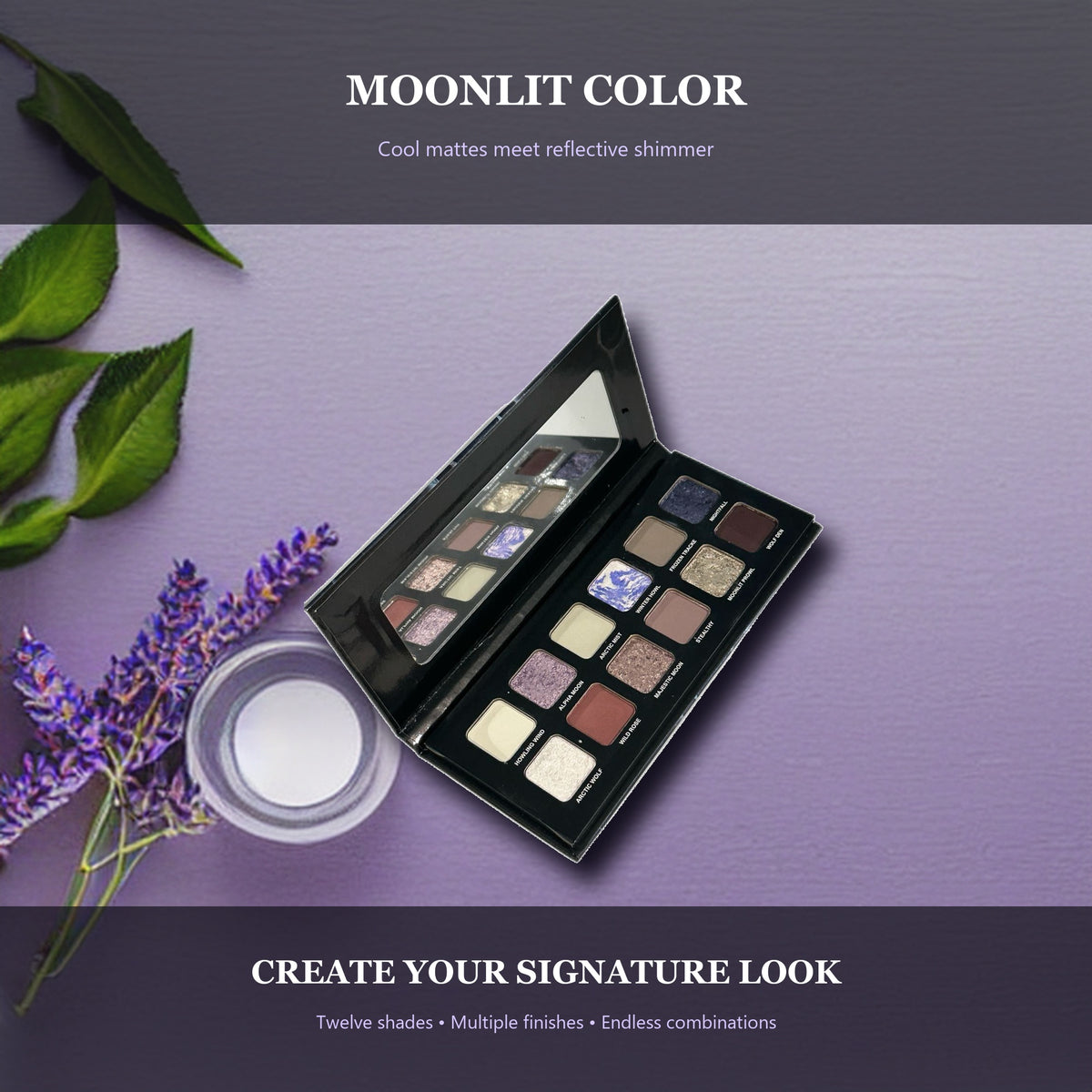 Moonlit Aurora 12-Shade Multi-Finish Eyeshadow Palette – Cool Lavender, Icy Blue, Silver Shimmer and Smoky Neutral Tones with Mirror