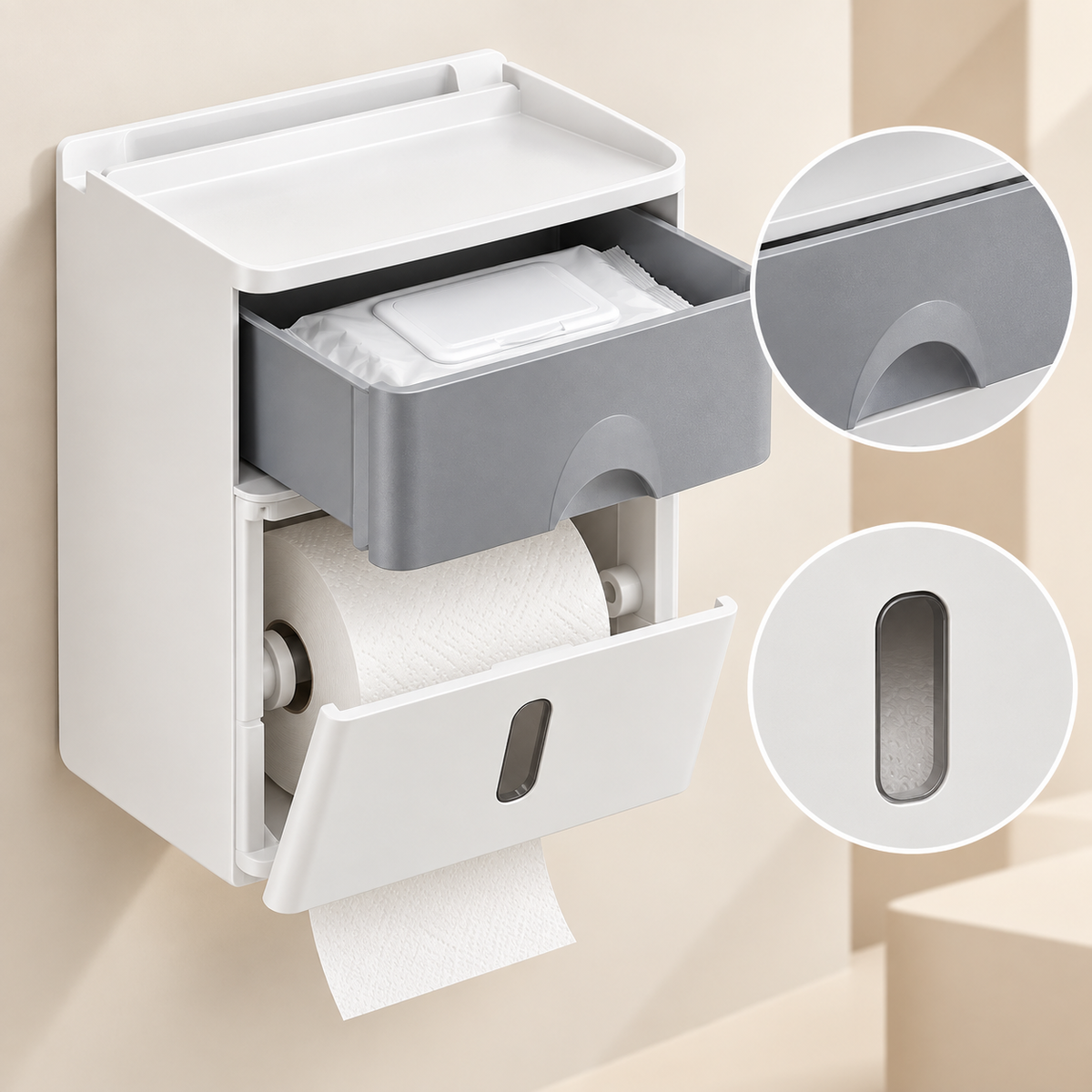No-Drill Wall-Mounted Toilet Paper Holder with Storage Shelf