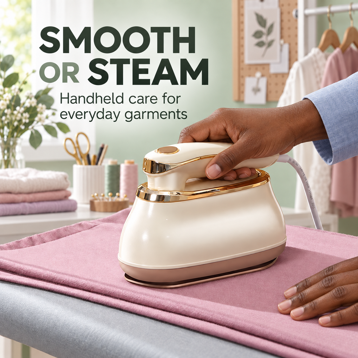 Handheld Garment Steamer with Folding Handle, Hanging Steam & Flat Ironing — Cream and Champagne Gold