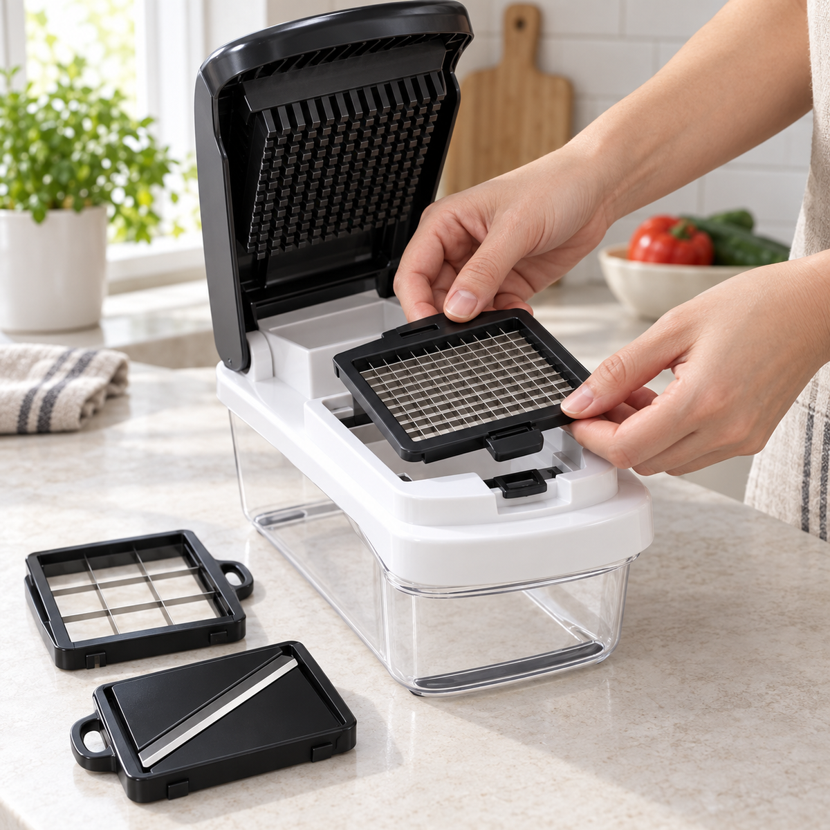Multi-Function Manual Vegetable Chopper with Clear Container and Bonus Accessory Set – Interchangeable Dicing, Slicing and Shredding Inserts