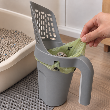 All-in-One Cat Litter Scoop with Built-In Waste Cup – Sifting Scooper with Bag-Liner Holder and Easy-Grip Handle