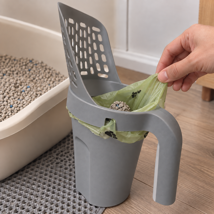 All-in-One Cat Litter Scoop with Built-In Waste Cup – Sifting Scooper with Bag-Liner Holder and Easy-Grip Handle