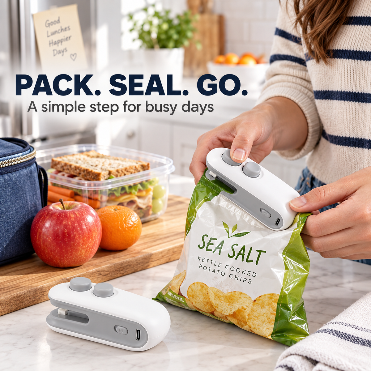 Mini Heat Bag Sealer and Cutter, Portable Handheld Snack Bag Sealing Machine with Built-In Cutter, USB Type-C Rechargeable, White or Blue