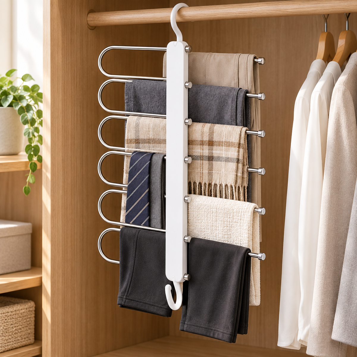 6-Tier Swing-Arm Pants Hanger with Dual Hooks – Space-Saving Closet Organizer for Trousers, Scarves, Ties and Towels