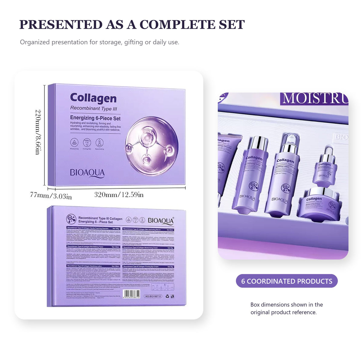 Recombinant Type III Collagen 6-Piece Skincare Set – Cleanser, Toner, Serum, Lotion, Face Cream and Eye Cream