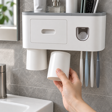 Wall-Mounted Bathroom Toothbrush Holder with Toothpaste Dispenser, 2 Rinse Cups, Storage Compartment and Top Shelf – No-Drill Bathroom Organizer