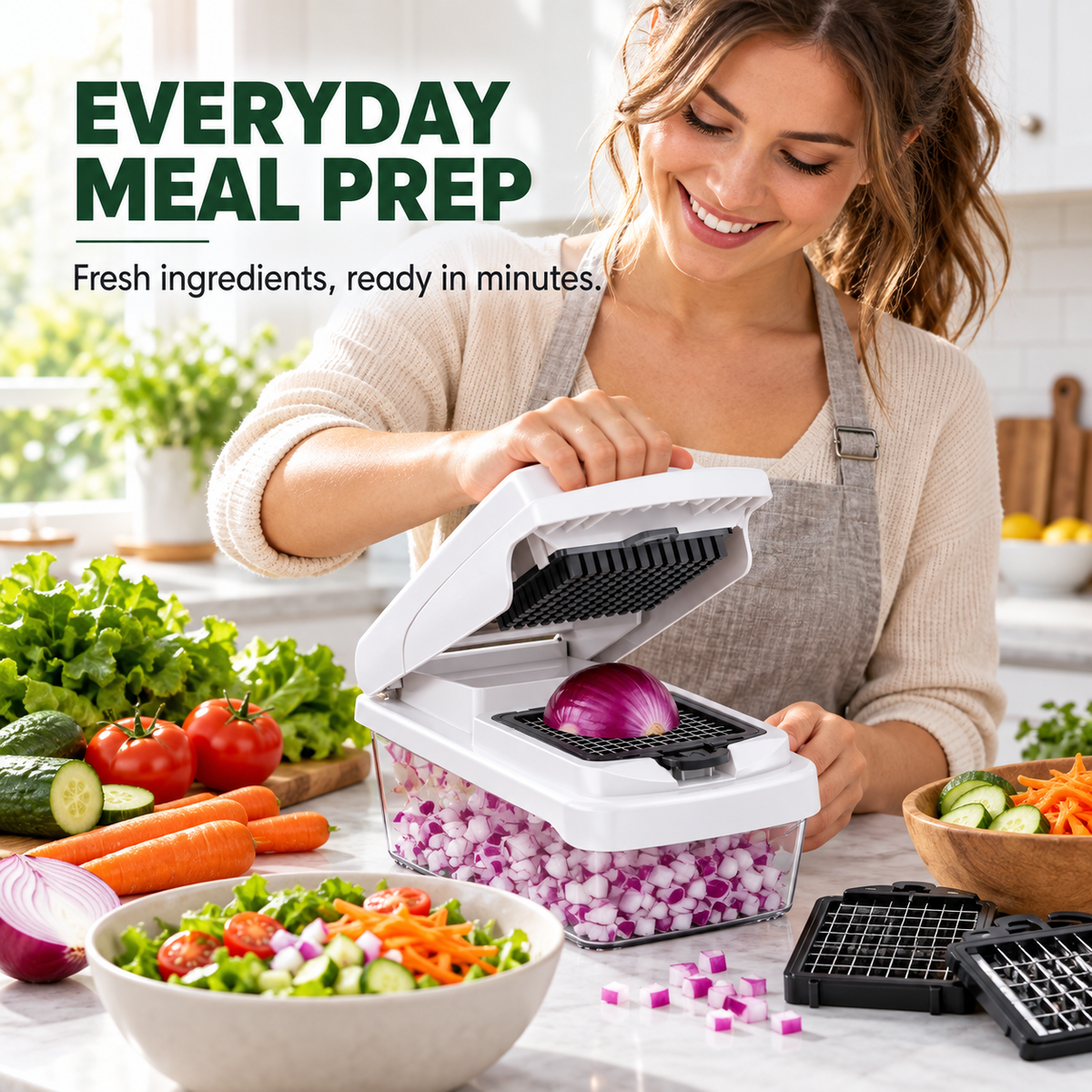 Multifunctional Vegetable Chopper, Manual Food Slicer and Dicer with Interchangeable Blades, Julienne Shredder, Grater, Hand Guard and Clear Catch Container for Kitchen Meal Prep, White, Black or Sage Green