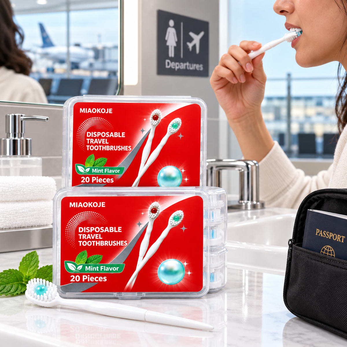 MIAOKOJE Disposable Travel Toothbrushes with Preloaded Mint Toothpaste Beads, Mini Portable Toothbrush Set, 20 Pieces with Clear Case for Travel, Office, Gym and Camping