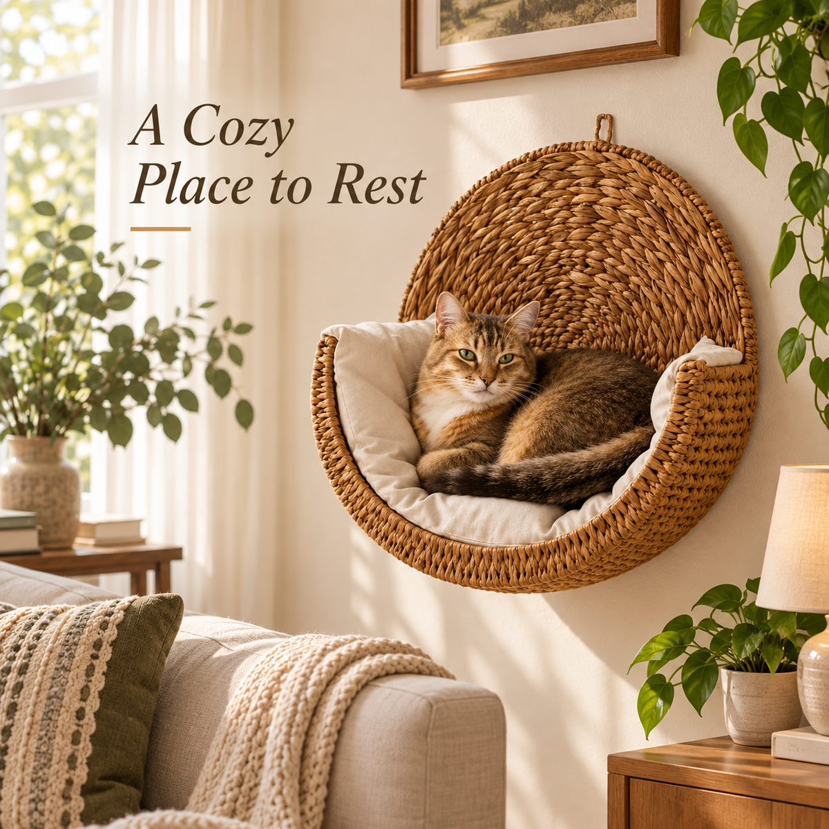 Handwoven Wall-Mounted Cat Bed with Soft Cushion, Breathable Woven Cat Hammock Perch, Space-Saving Hanging Cat Rest for Indoor Cats