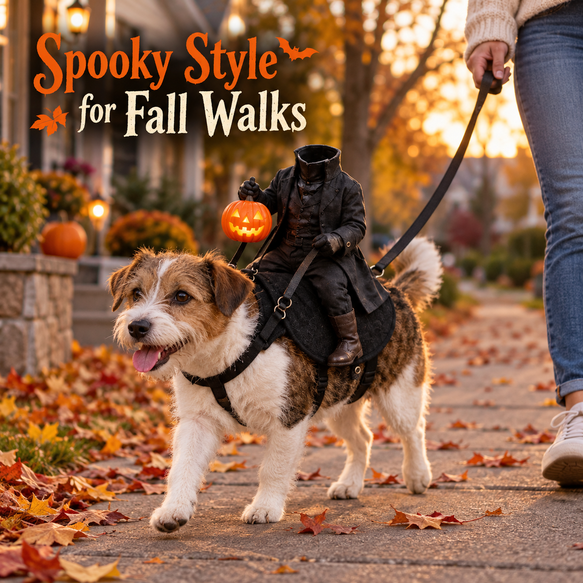 Headless Horseman Halloween Pet Costume with Adjustable Harness, Reins and Light-Up Pumpkin Accessory, Black Rider Costume for Cats and Small Dogs