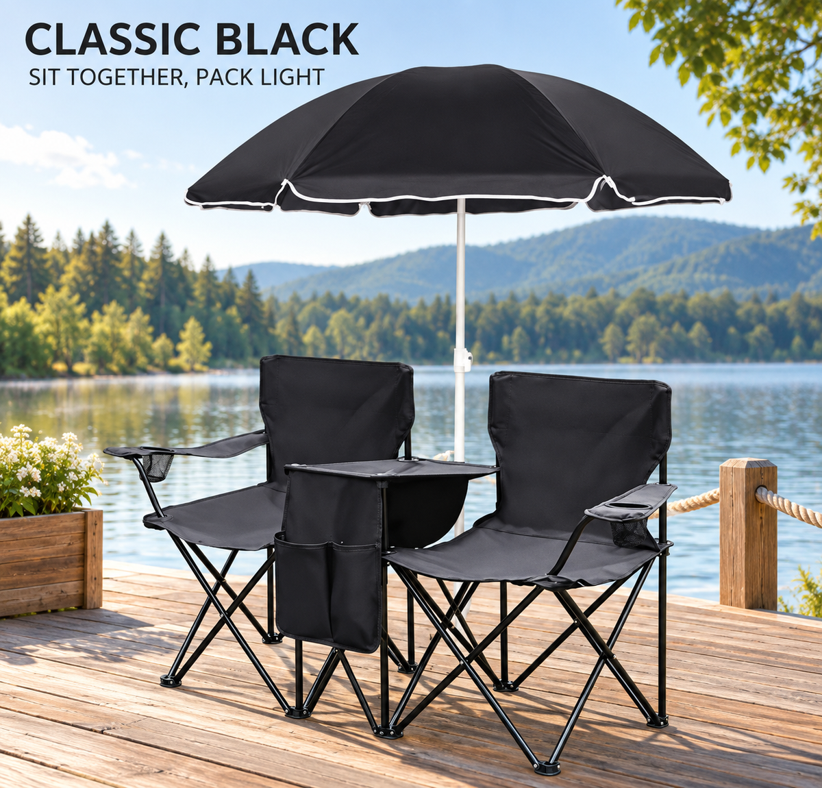 Two-Seat Folding Outdoor Chair Set with Detachable Umbrella