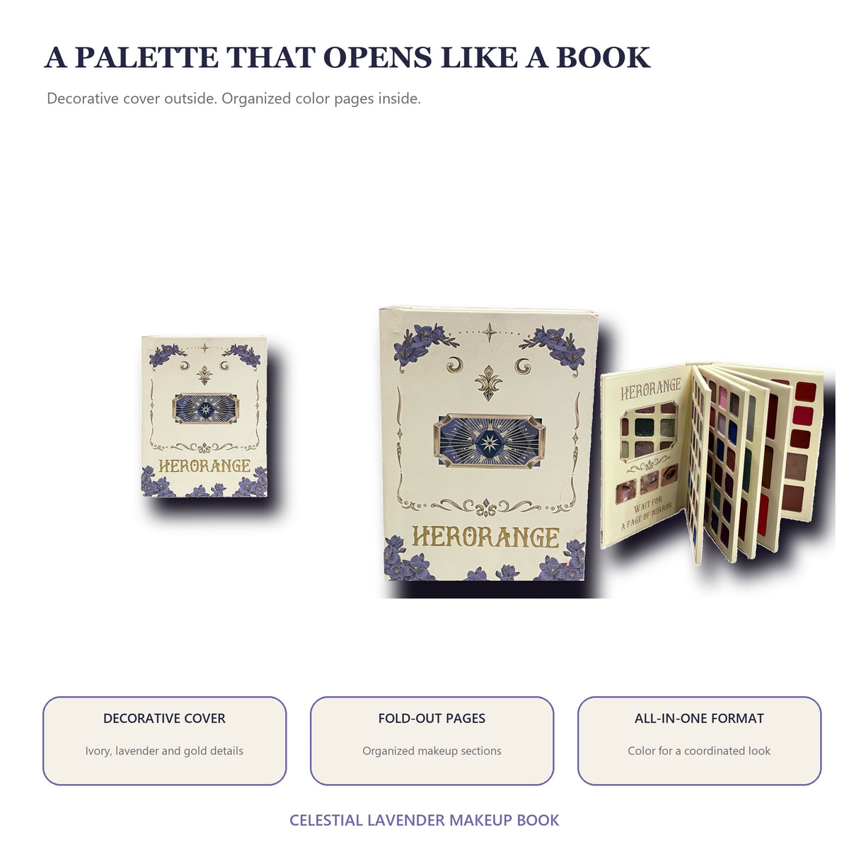 HERORANGE Celestial Lavender All-in-One Multi-Page Makeup Book Palette – Eyeshadow, Face & Lip Color Collection
