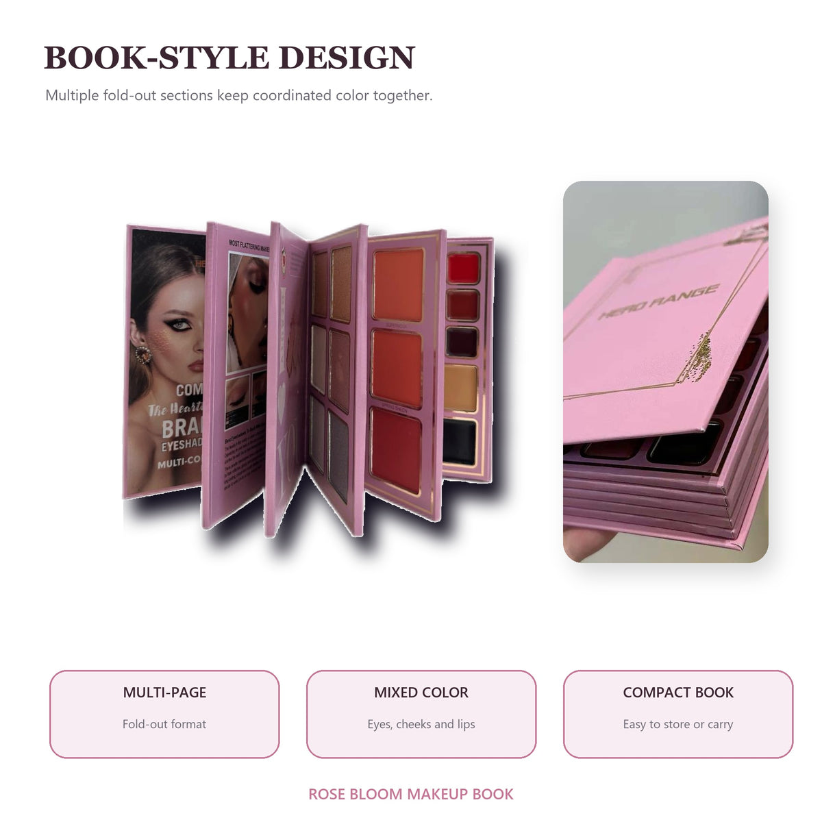 Rose Bloom All-in-One Multi-Page Makeup Book Palette – Eyeshadow, Blush, Face Color and Lip Color Collection in a Fold-Out Pink Case