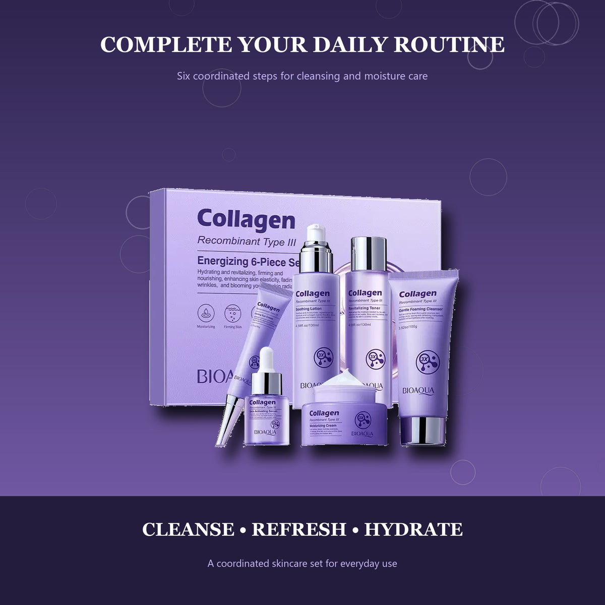 Recombinant Type III Collagen 6-Piece Skincare Set – Cleanser, Toner, Serum, Lotion, Face Cream and Eye Cream