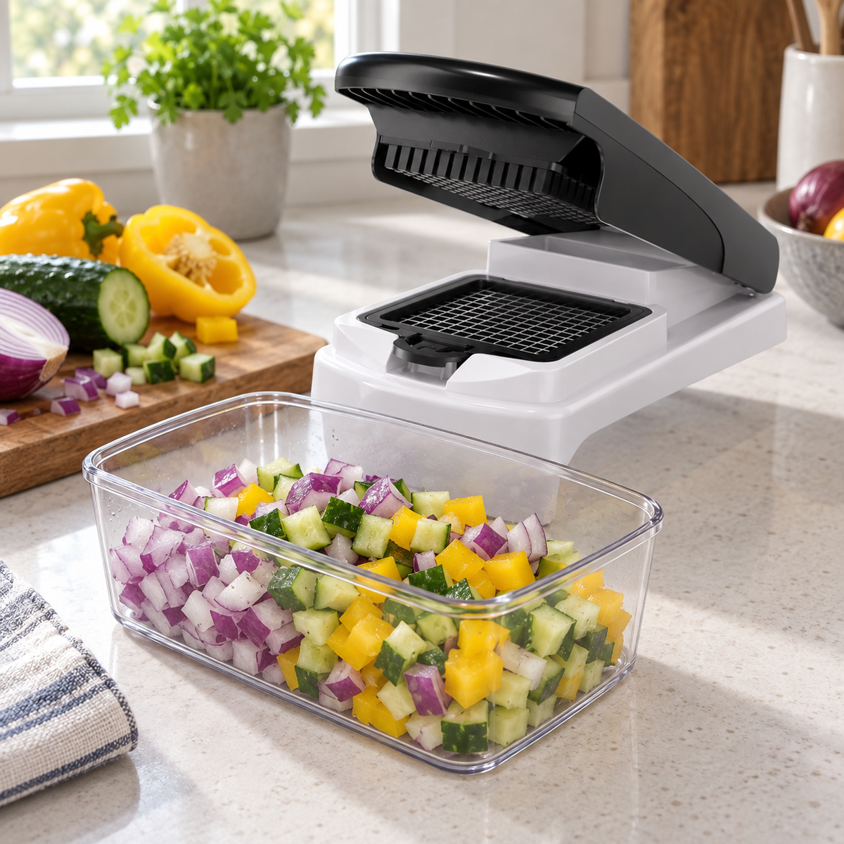Multi-Function Manual Vegetable Chopper with Clear Container and Bonus Accessory Set – Interchangeable Dicing, Slicing and Shredding Inserts