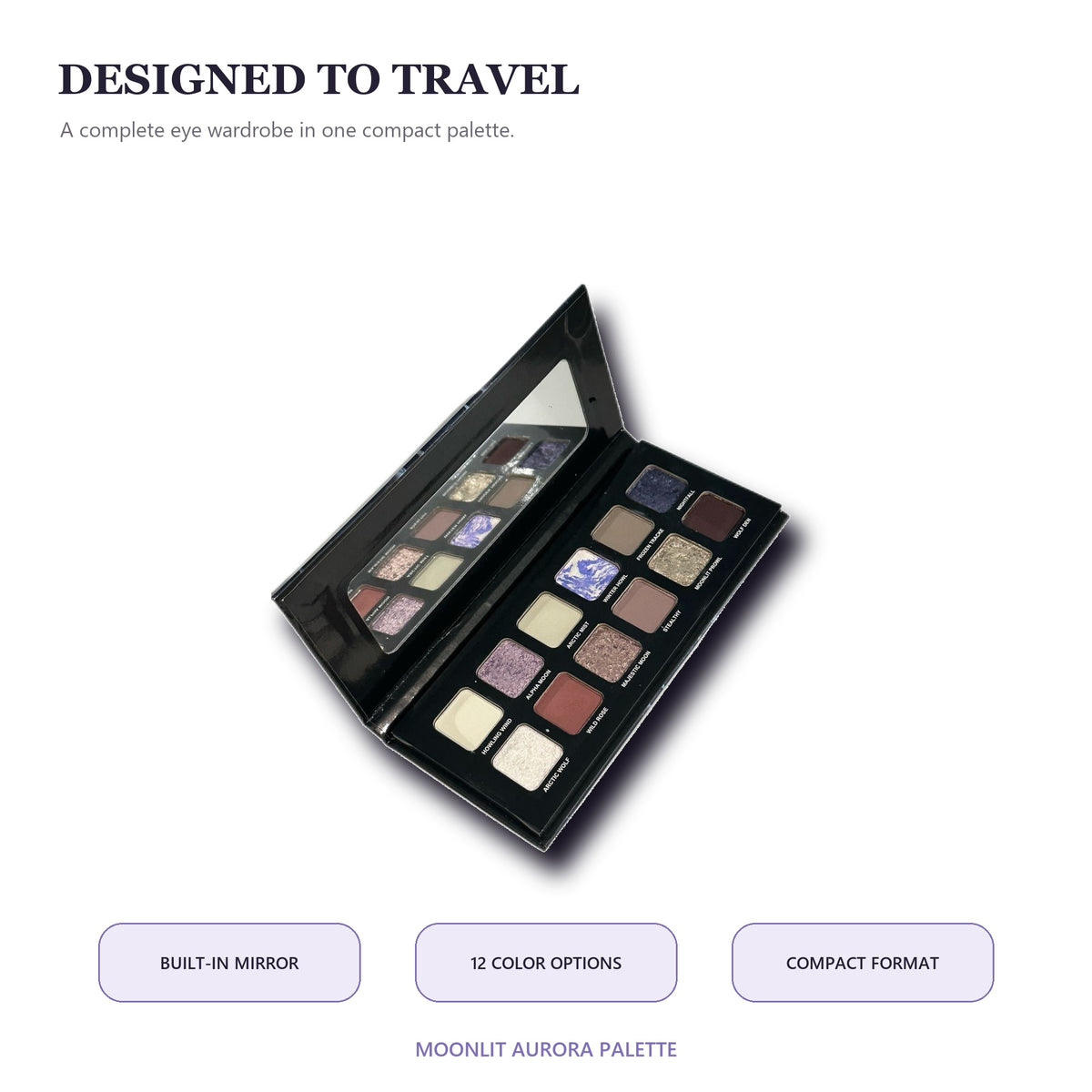Moonlit Aurora 12-Shade Multi-Finish Eyeshadow Palette – Cool Lavender, Icy Blue, Silver Shimmer and Smoky Neutral Tones with Mirror
