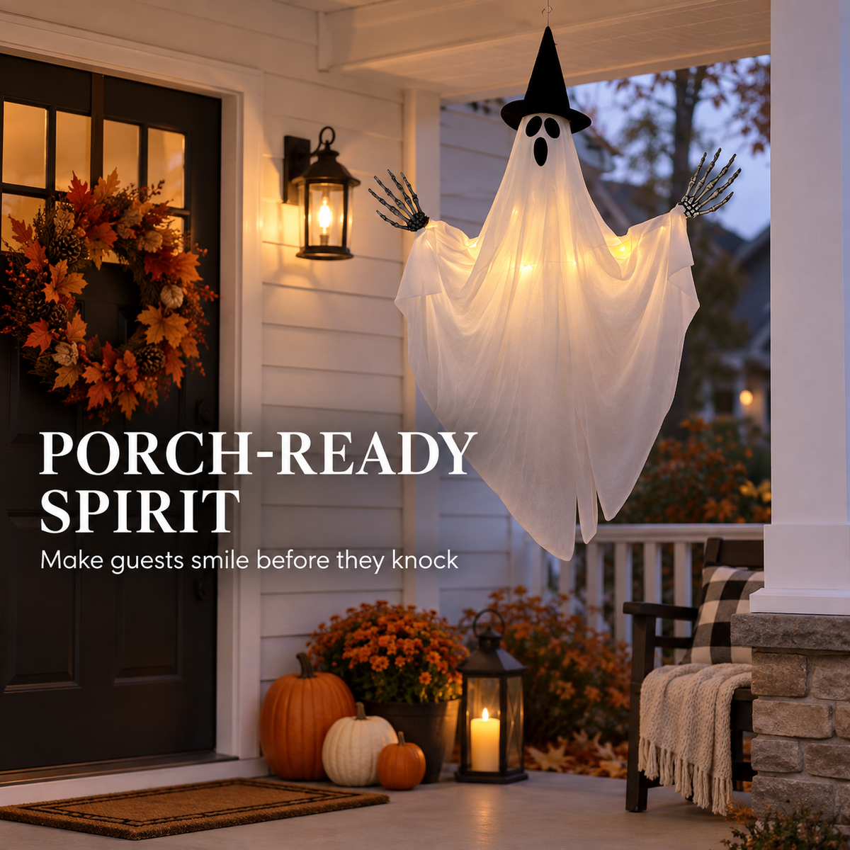 Light-Up Hanging Ghost Halloween Decoration with Witch Hat and Skeleton Hands, Glowing Ghost for Porch, Entryway, Window and Halloween Party Decor