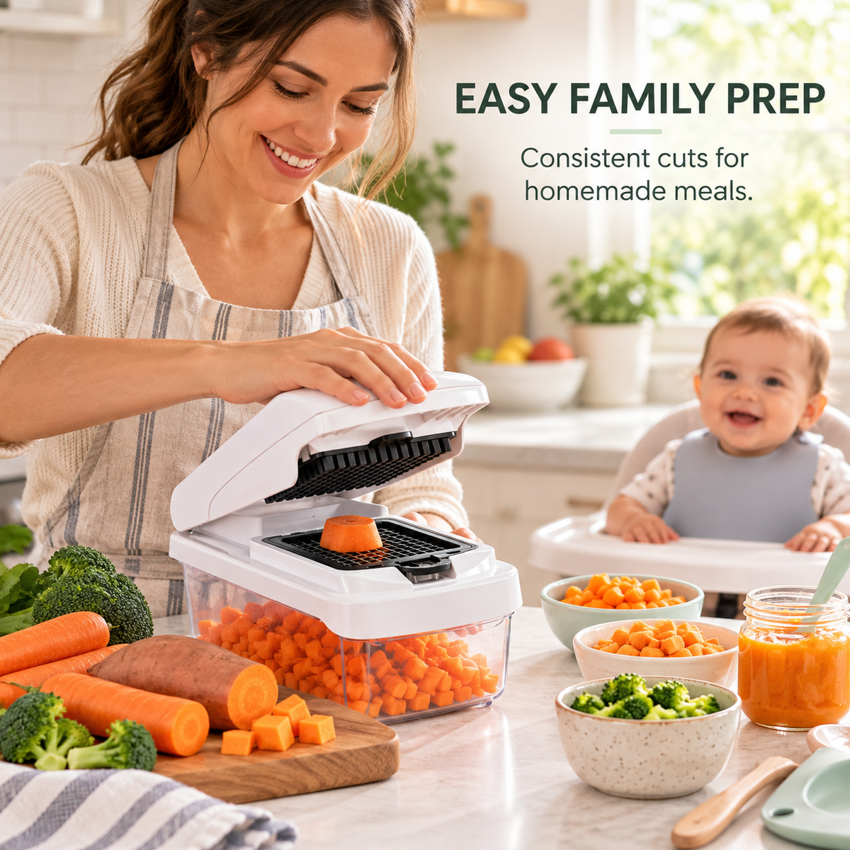 Multifunctional Vegetable Chopper, Manual Food Slicer and Dicer with Interchangeable Blades, Julienne Shredder, Grater, Hand Guard and Clear Catch Container for Kitchen Meal Prep, White, Black or Sage Green