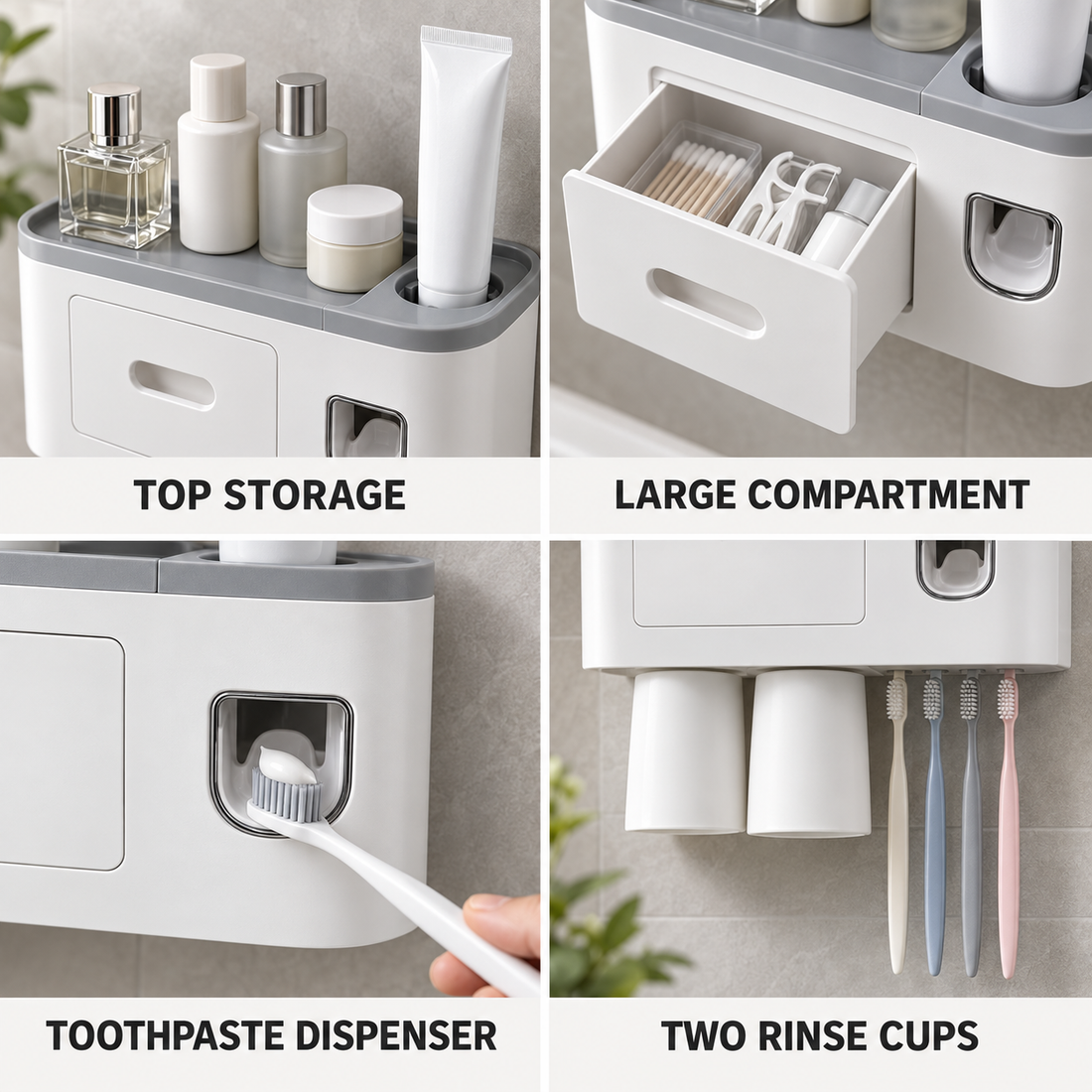 Wall-Mounted Bathroom Toothbrush Holder with Toothpaste Dispenser, 2 Rinse Cups, Storage Compartment and Top Shelf – No-Drill Bathroom Organizer