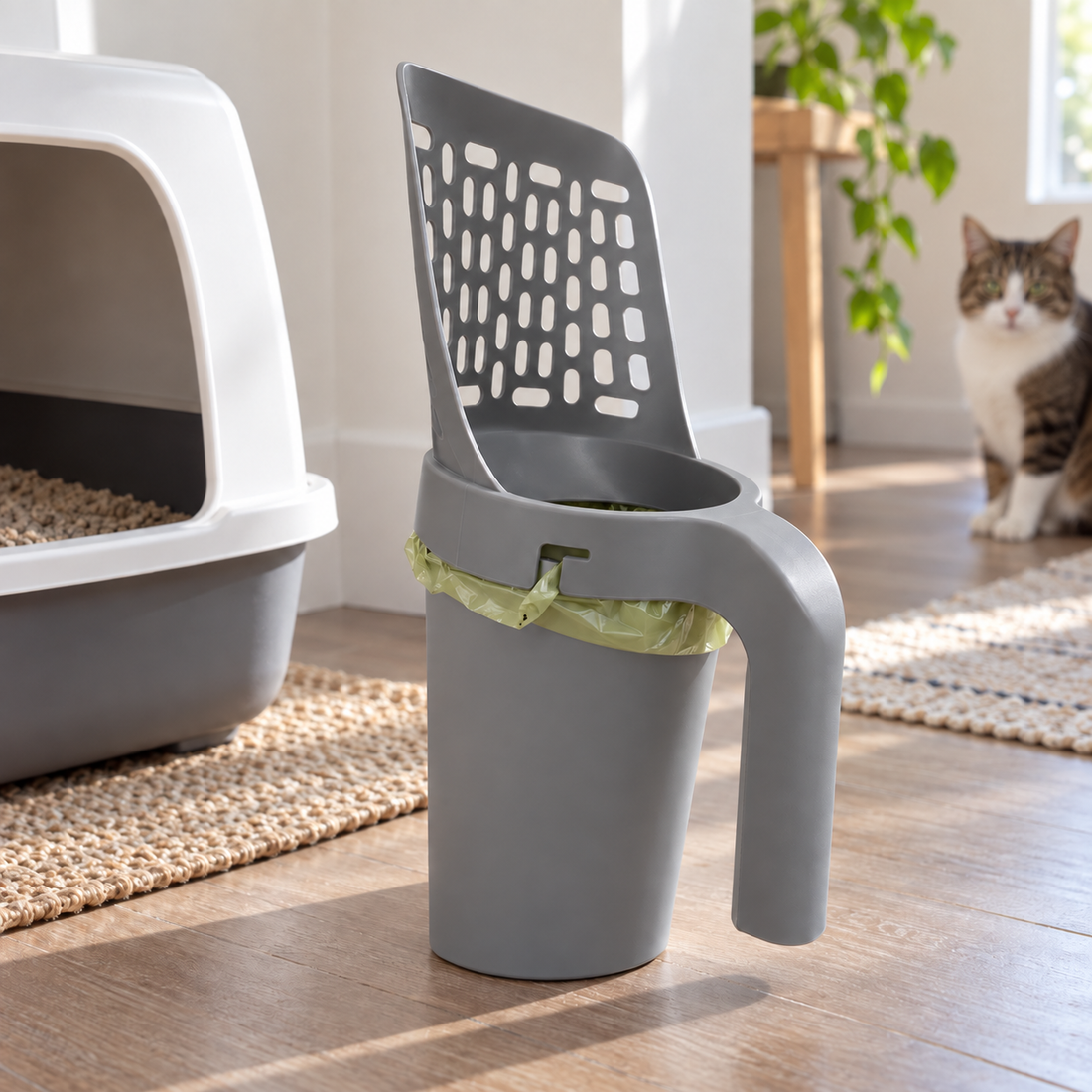 All-in-One Cat Litter Scoop with Built-In Waste Cup – Sifting Scooper with Bag-Liner Holder and Easy-Grip Handle