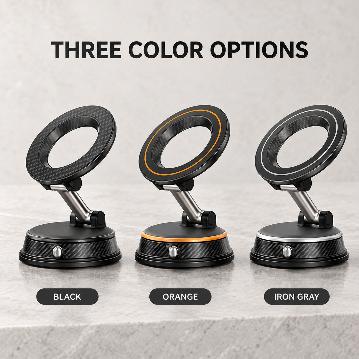 Magnetic Car Phone Mount with Adjustable Arm and Locking Suction Base — Black / Orange / Iron Gray
