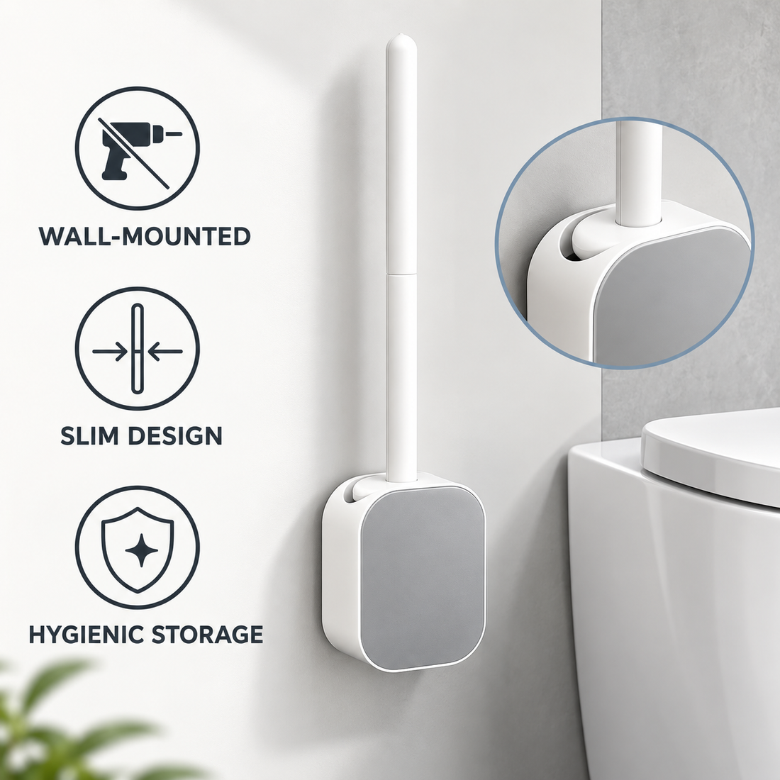 No-Drill Wall-Mounted Toilet Brush with Holder