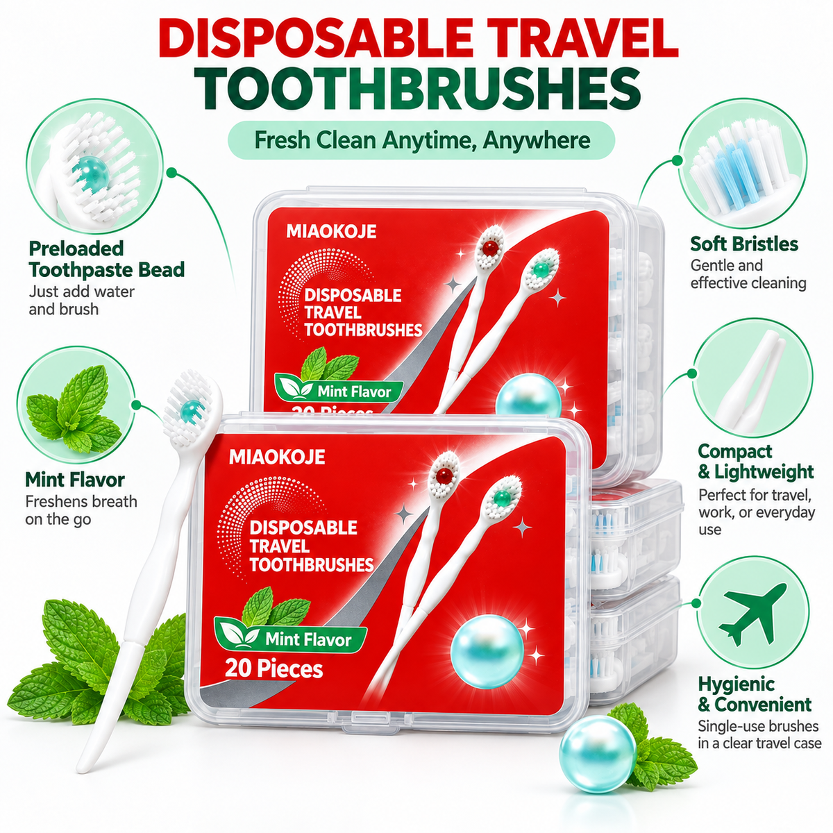 MIAOKOJE Disposable Travel Toothbrushes with Preloaded Mint Toothpaste Beads, Mini Portable Toothbrush Set, 20 Pieces with Clear Case for Travel, Office, Gym and Camping