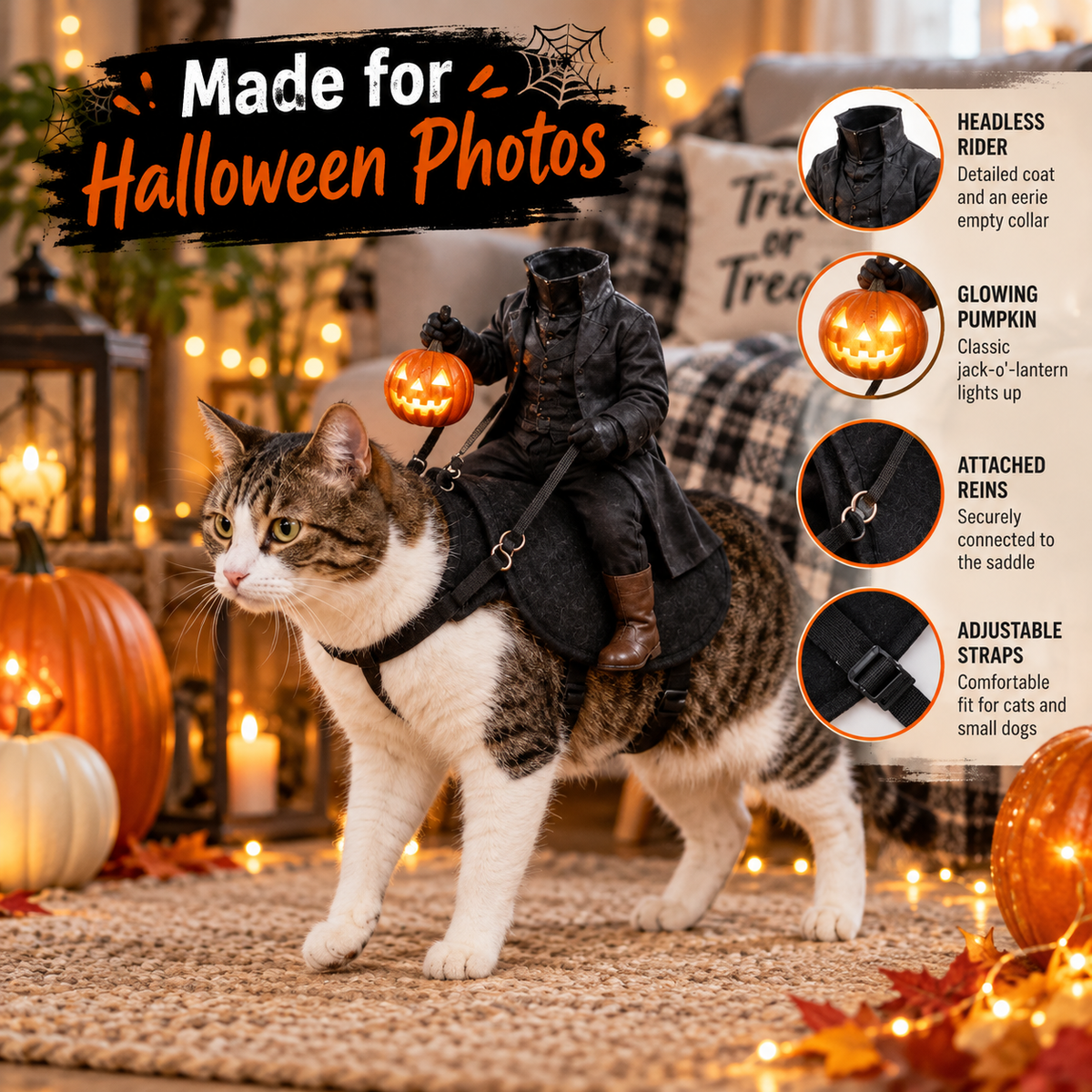 Headless Horseman Halloween Pet Costume with Adjustable Harness, Reins and Light-Up Pumpkin Accessory, Black Rider Costume for Cats and Small Dogs
